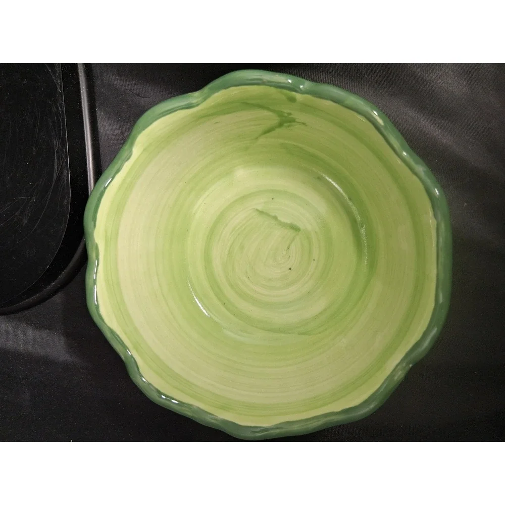 Set of 2 Ceramic Cabbage Leaf Bowls Green Scalloped Rim Hand Painted Bowls